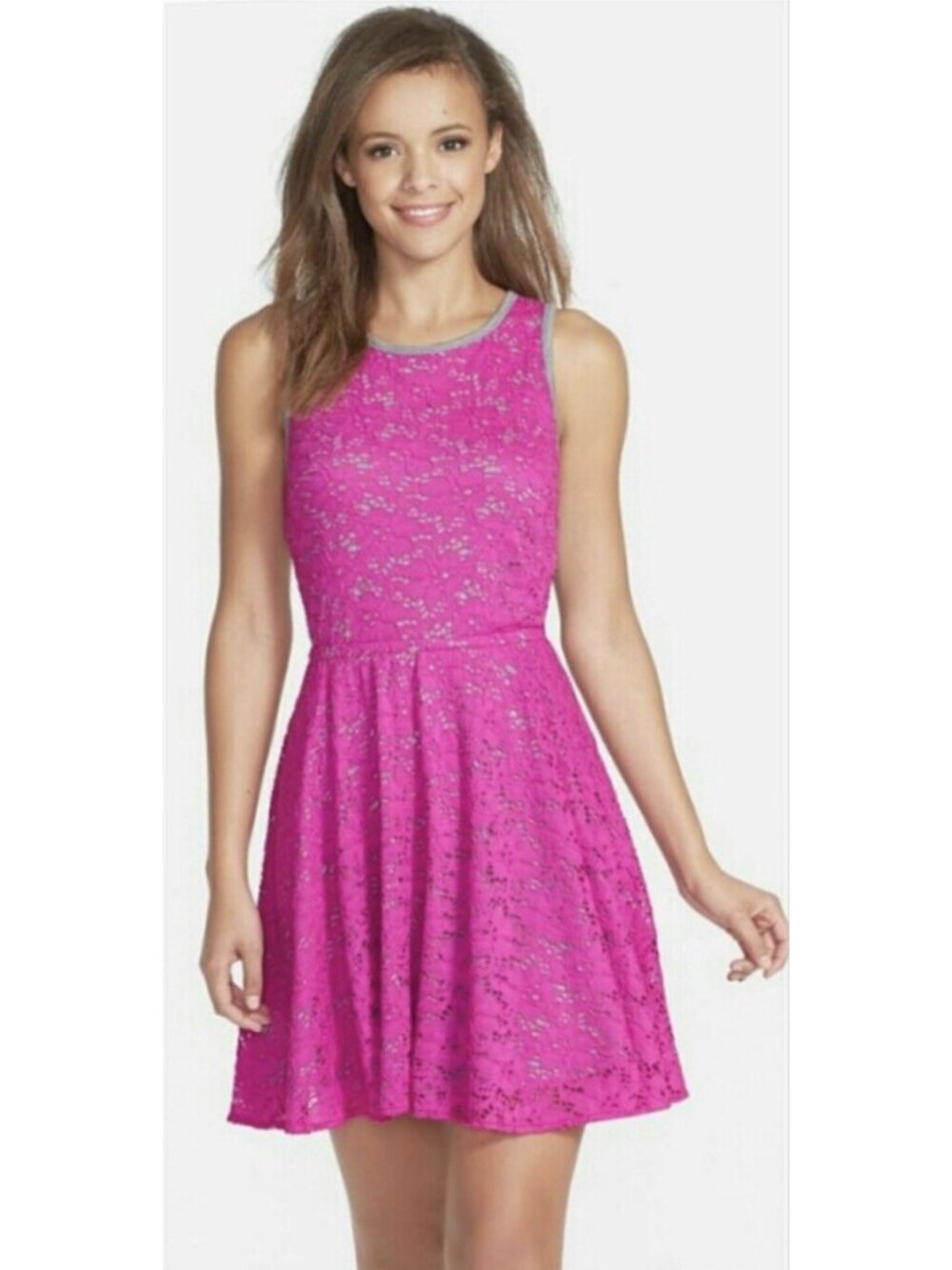 NWT Women's Trina Turk Pink/Gray Crestline Lace & Jersey Mini Dress Sz Large